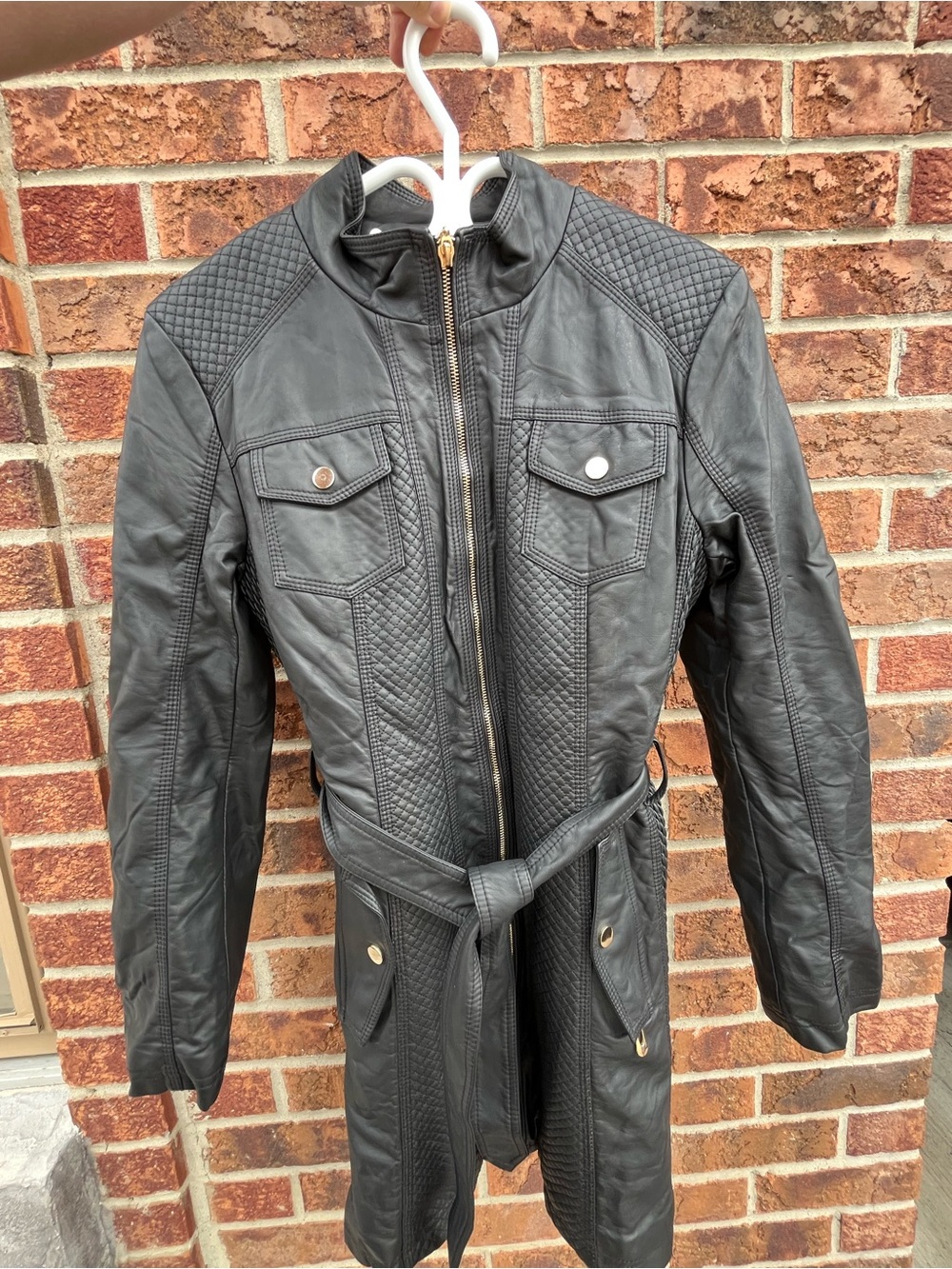 Women's Black Quilted Leather Belted Coat